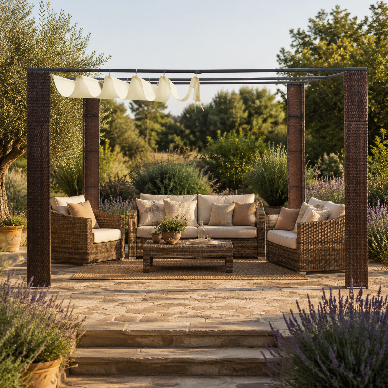 Pavillon aus Polyrattan, mit Dach zum öffnen, 300x300 cm