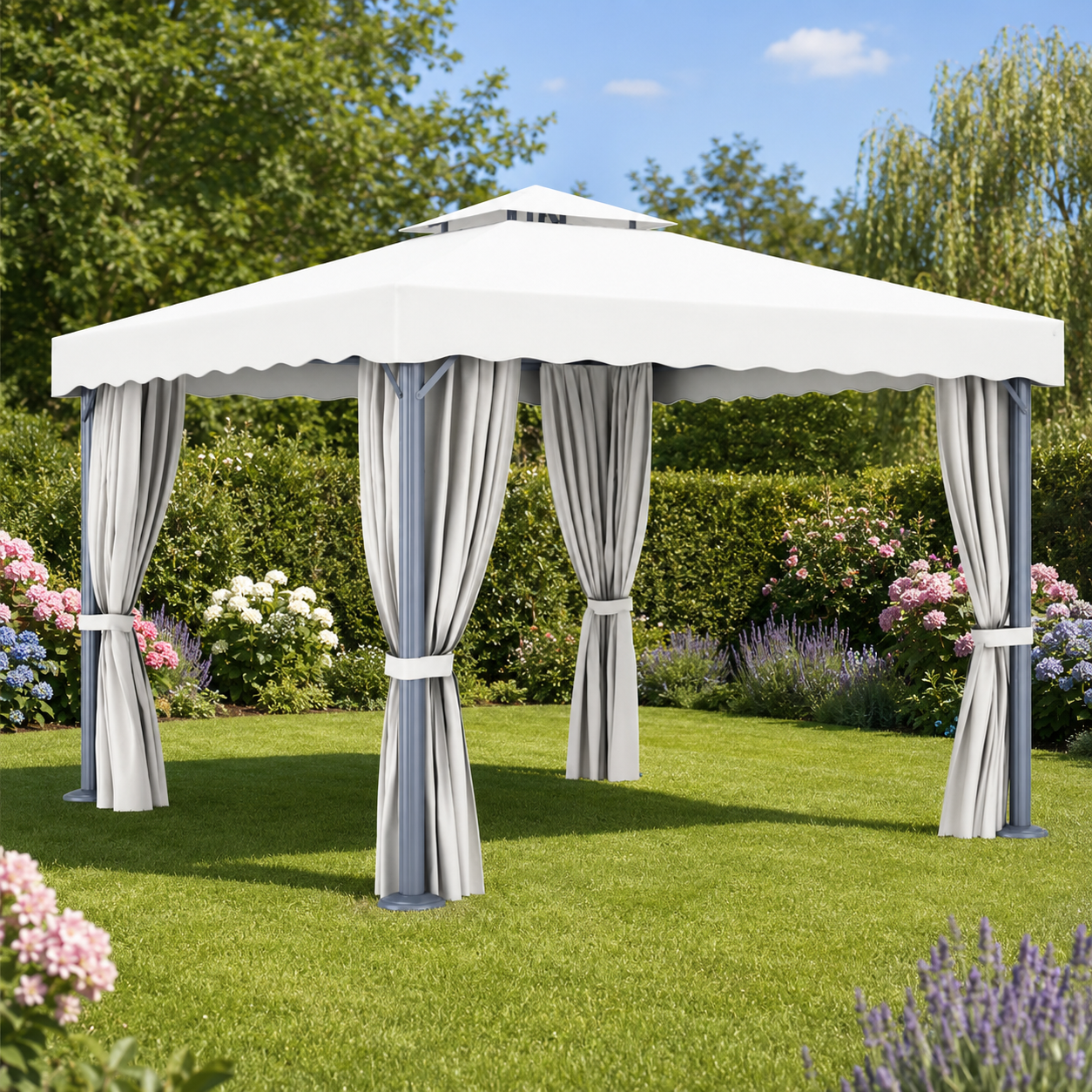 Pavillon mit Vorhängen & LED-Lichterkette, 3x3 m
