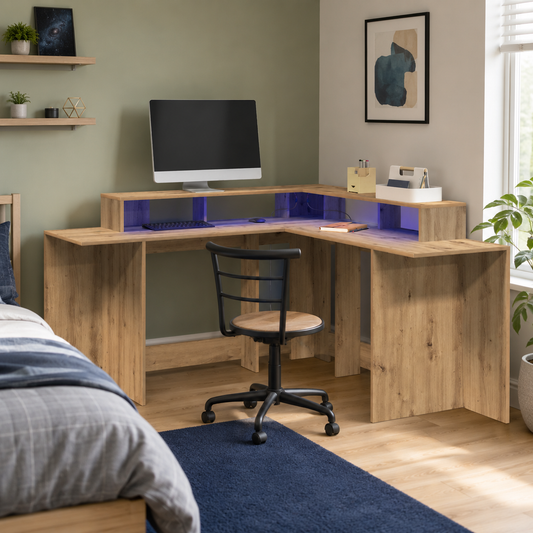 Praktischer LED-beleuchteter Eck-Schreibtisch, 152 cm