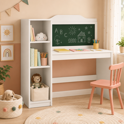 Schreibtisch mit Kreidetafel und Regalen fürs Kinderzimmer