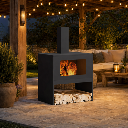 Terrassenkamin mit Holzfach – Feuerambiente für gemütliche Abende