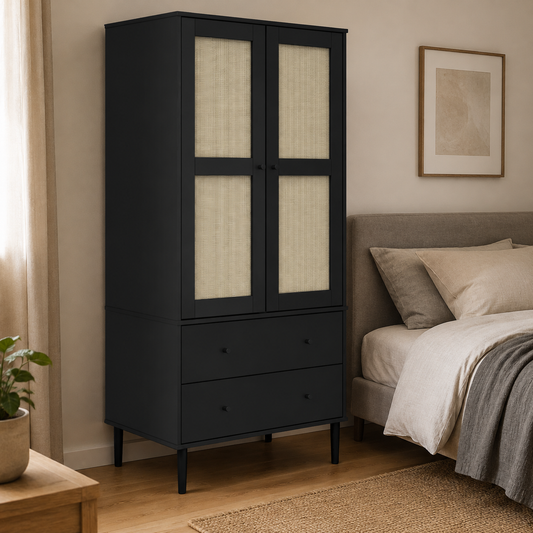Kleiderschrank SENJA im Boho-Style mit Rattan-Optik