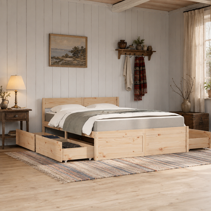 Massivholz Doppelbett mit Schubladen inkl. Matratze 140x200 cm