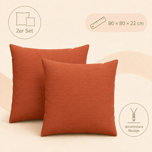 Sofakissen mit abnehmbarem Cordbezug, 2 Stück - 80 x 80 cm
