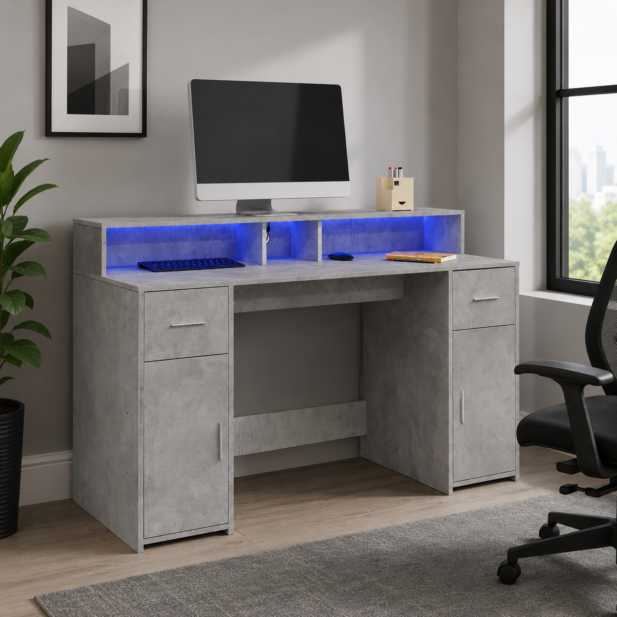 LED-beleuchteter Schreibtisch mit Monitorerhöhung