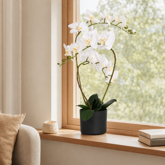 Künstliche Orchidee im Topf – elegante Blüten-Deko für Fensterbank