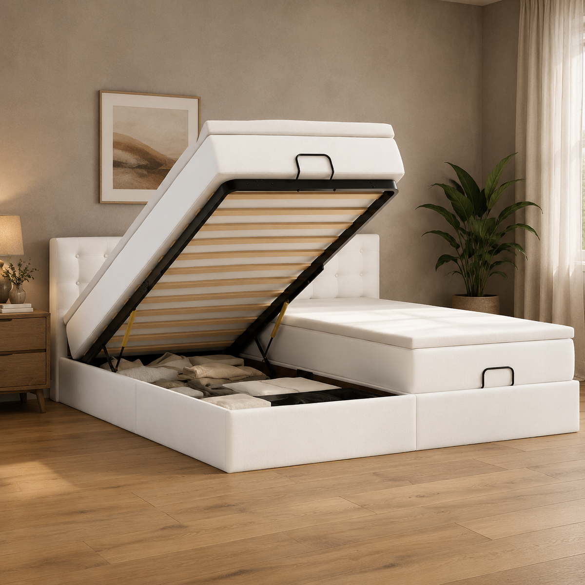 Doppelbett mit Stauraum inkl. Matratzen & Beleuchtung 200x200 cm