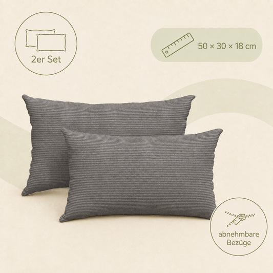 2 Sofakissen mit abnehmbaren Cordbezügen 50x30 cm